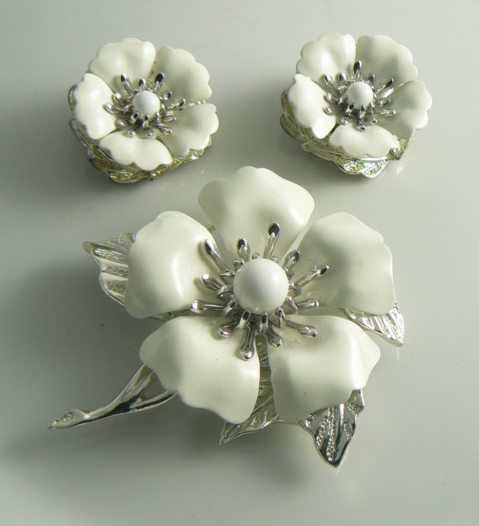 Sarah Coventry White Enamel Magnolia Demi Parure - Vintage Lane Jewelry