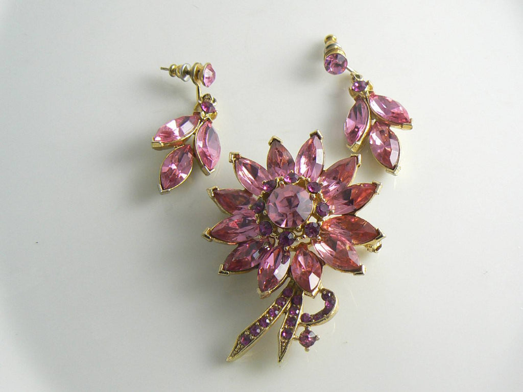Weiss Pink Rhinestone Flower Demi Parure - Vintage Lane Jewelry
