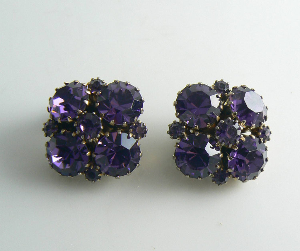 Weiss Purple Rhinestone Flower Earrings - Vintage Lane Jewelry