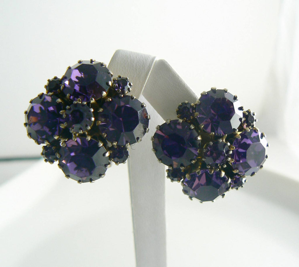 Weiss Purple Rhinestone Flower Earrings - Vintage Lane Jewelry