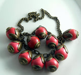 Wood Bead Fringe Hot Pink Charm Necklace - Vintage Lane Jewelry