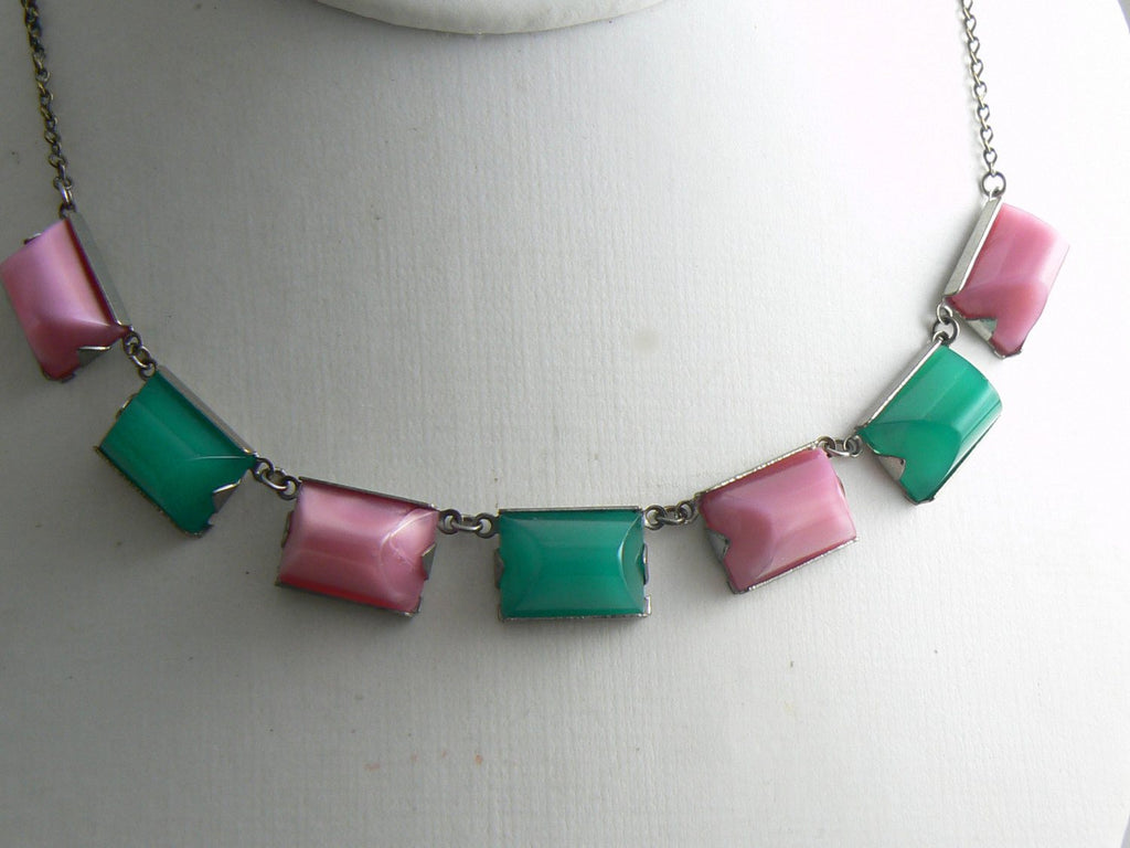 Art Deco Pink Green Chryosprase Glass Sugarloaf Silver Necklace - Vintage Lane Jewelry