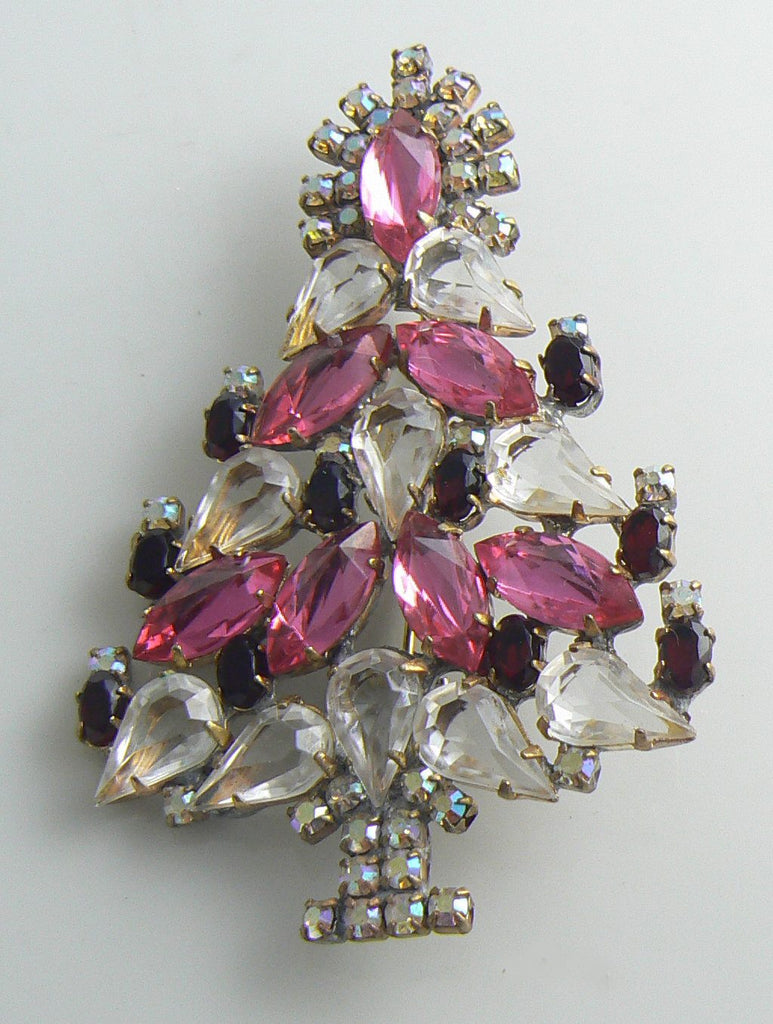 Czech Glass Husar D Pink and Clear Christmas Tree Pin - Vintage Lane Jewelry