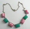 Art Deco Pink Green Chryosprase Glass Sugarloaf Silver Necklace - Vintage Lane Jewelry