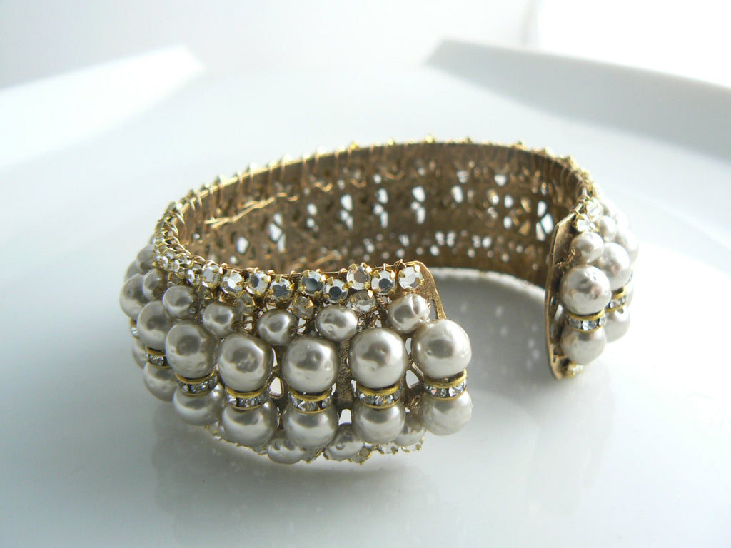 Miriam Haskell Baroque Pearl and Rhinestone Cuff Bracelet - Vintage Lane Jewelry