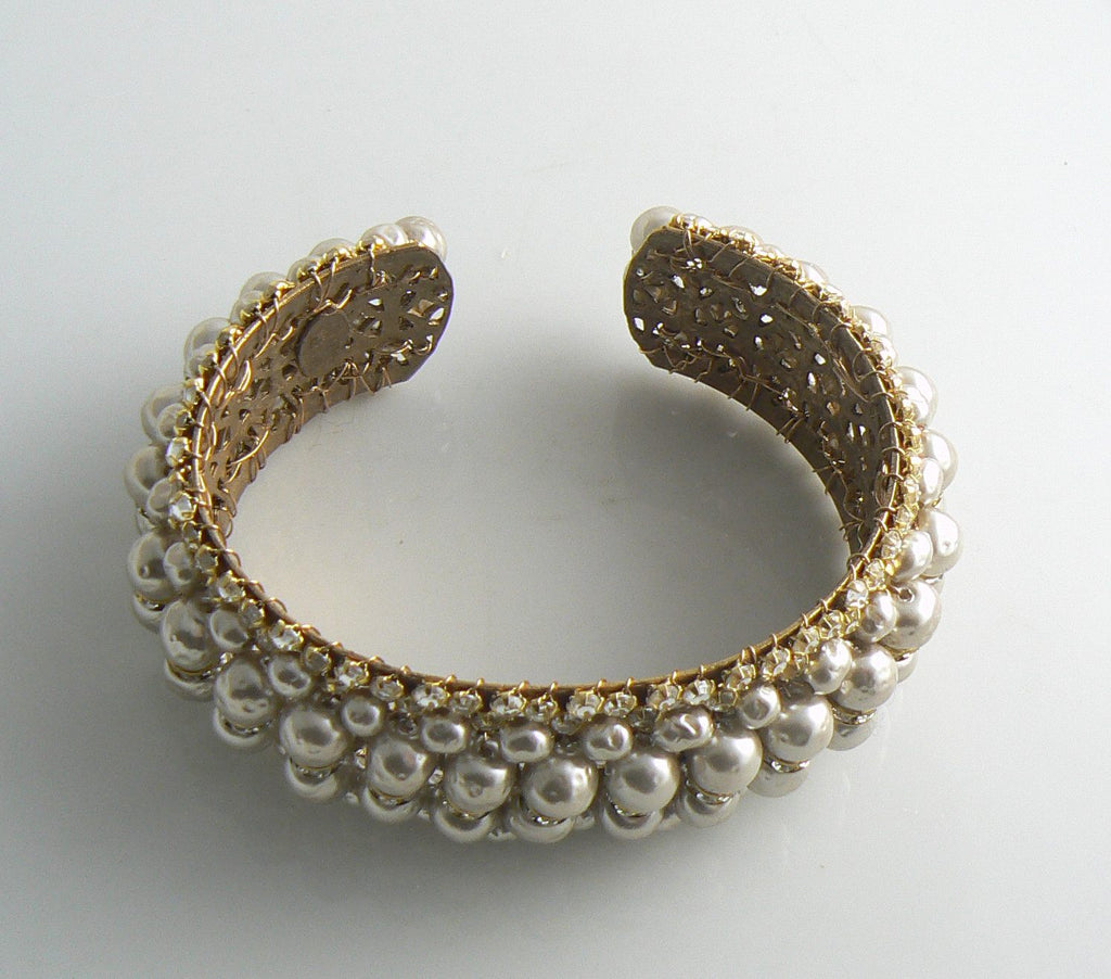 Miriam Haskell Baroque Pearl and Rhinestone Cuff Bracelet - Vintage Lane Jewelry