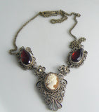 Filigree Shell Cameo Necklace With Ruby Glass Stones - Vintage Lane Jewelry