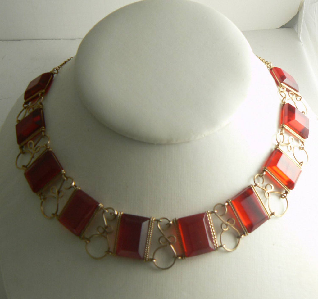 Red Lucite Open Wire Work Necklace Choker - Vintage Lane Jewelry