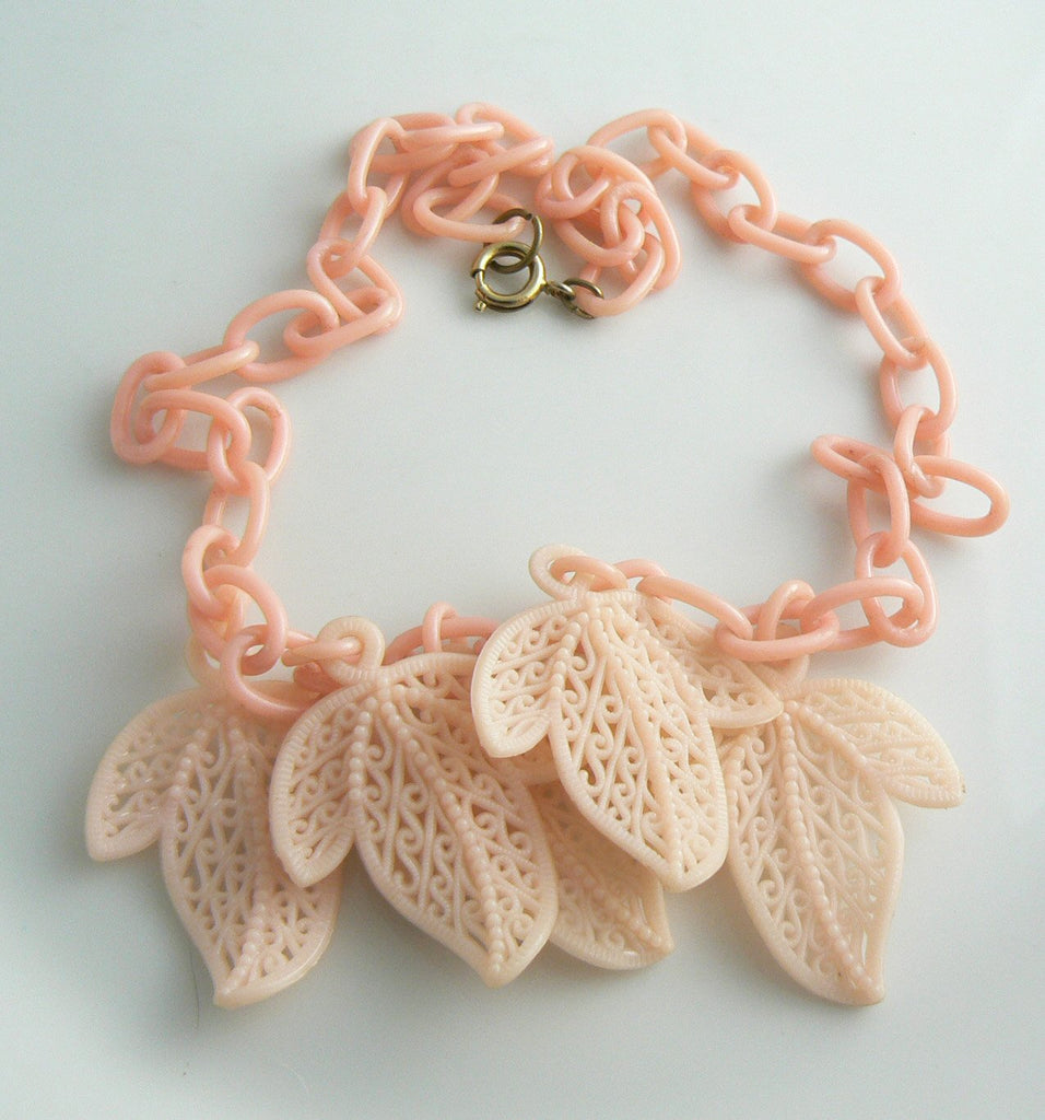 Early Pink Plastic Filigree Leaf Necklace - Vintage Lane Jewelry