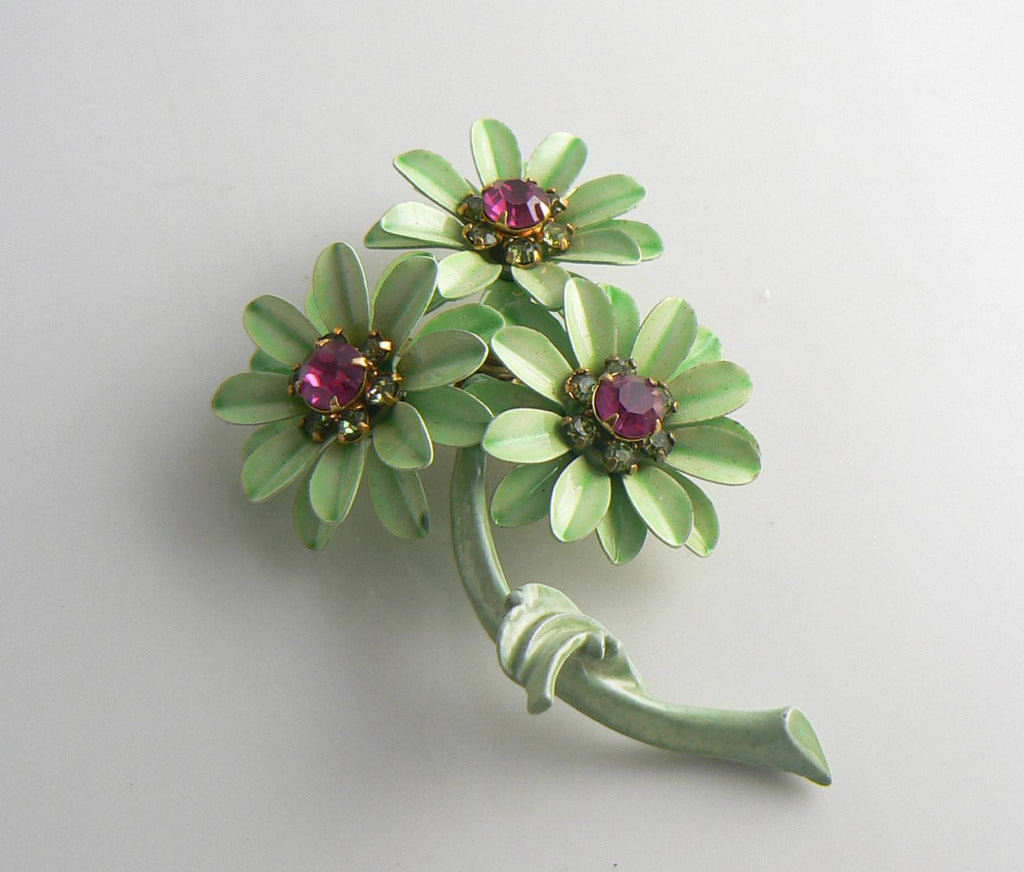 Green Enamel Flower with Pink Rhinestones - Vintage Lane Jewelry