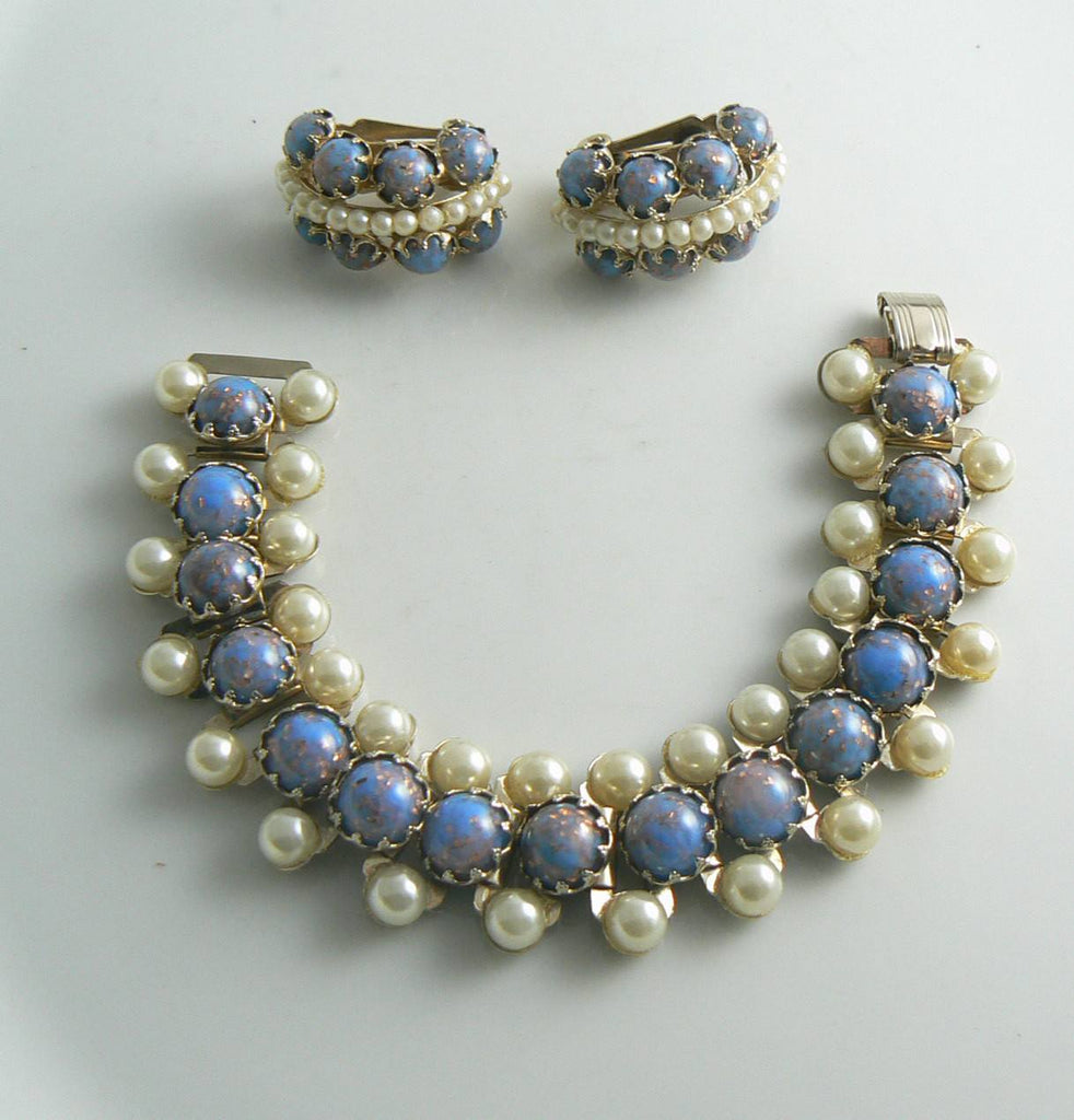 Blue Confetti Glass Bead Faux Pearl Bracelet Earring Set - Vintage Lane Jewelry