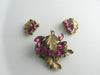 Fuchsia Pink Rhinestone Golden Leaves Pin Earring Set - Vintage Lane Jewelry