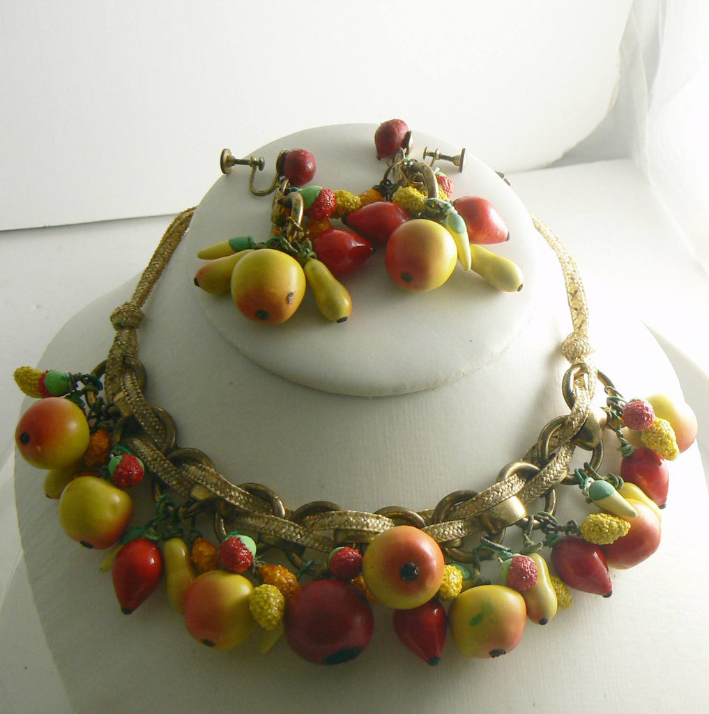 Early Carmen Miranda Fruit Necklace Earring Set - Vintage Lane Jewelry