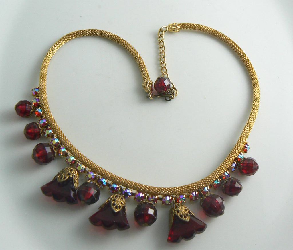 Juliana Golden Mesh Red Rhinestone Dangling Bead Vintage Necklace, Book Piece - Vintage Lane Jewelry