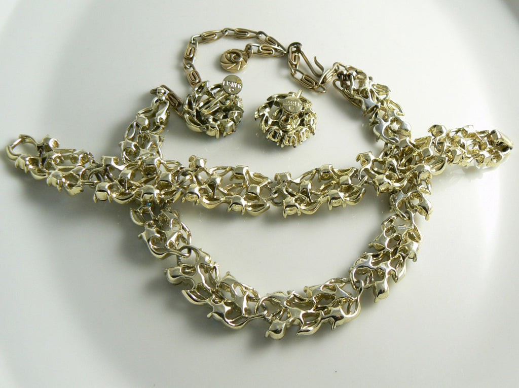 Lisner Amber Rhinestone Leaf Parure - Vintage Lane Jewelry