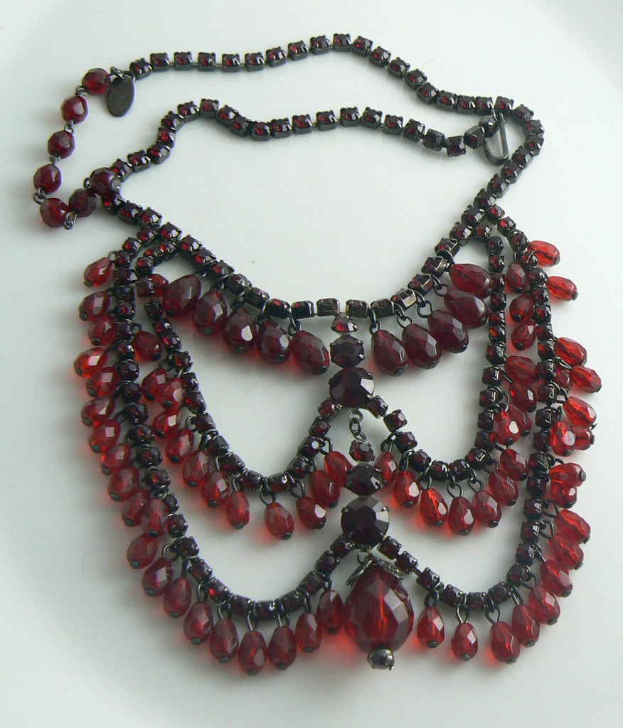 Miriam Haskell Red Rhinestone Crystal Festoon Necklace - Vintage Lane Jewelry