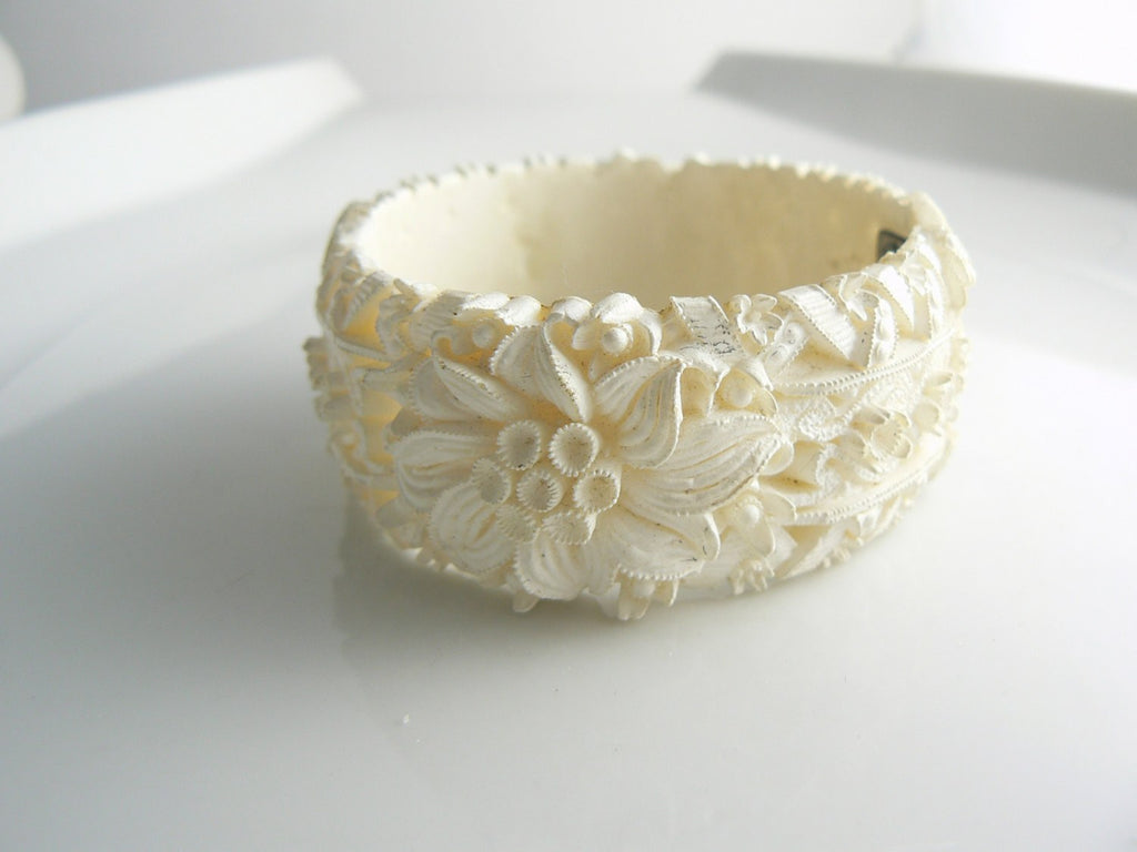 Floral Carved Celluloid Clamper Bracelet - Vintage Lane Jewelry