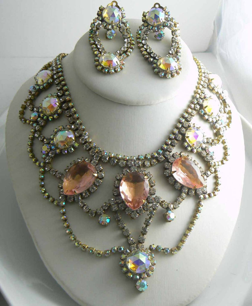 Czech Glass Statement Peach AB Necklace Earrings - Vintage Lane Jewelry