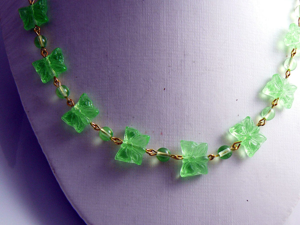 Czech Glass Vaseline Uranium Glass Butterfly Necklace - Vintage Lane Jewelry