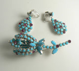 Kramer Opaque Turquoise Ruby Rhinestone Flower Brooch Earrings Set - Vintage Lane Jewelry