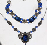 Vintage Czech Sapphire Glass Filigree Necklace Bracelet Set - Vintage Lane Jewelry