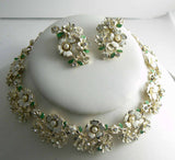 White Enamel Flowers Rhinestone Pearl Necklace Bracelet Earring Set - Vintage Lane Jewelry