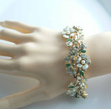 White Enamel Flowers Rhinestone Pearl Necklace Bracelet Earring Set - Vintage Lane Jewelry