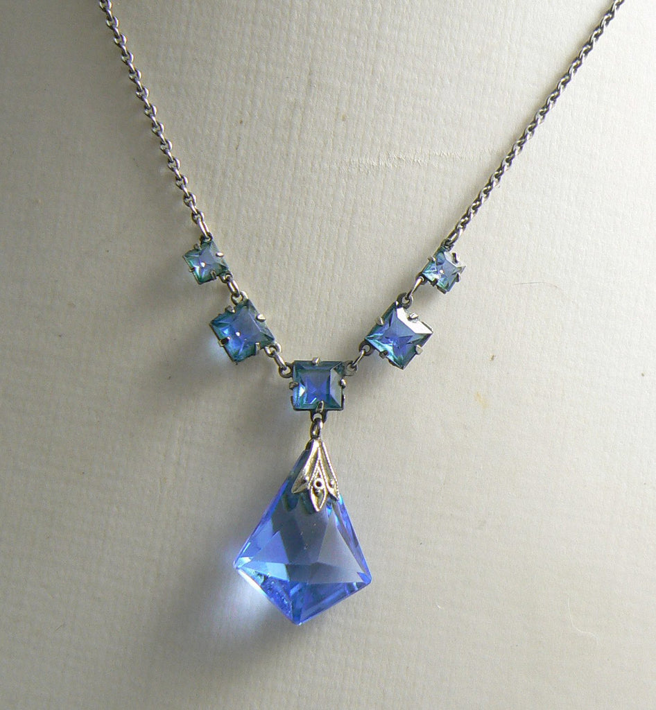 Art Deco Platinin Sapphire Glass Open Back Drop Pendant - Vintage Lane Jewelry