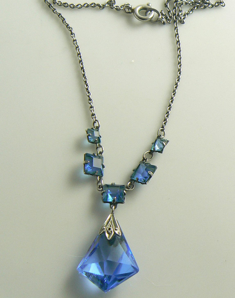 Art Deco Platinin Sapphire Glass Open Back Drop Pendant - Vintage Lane Jewelry