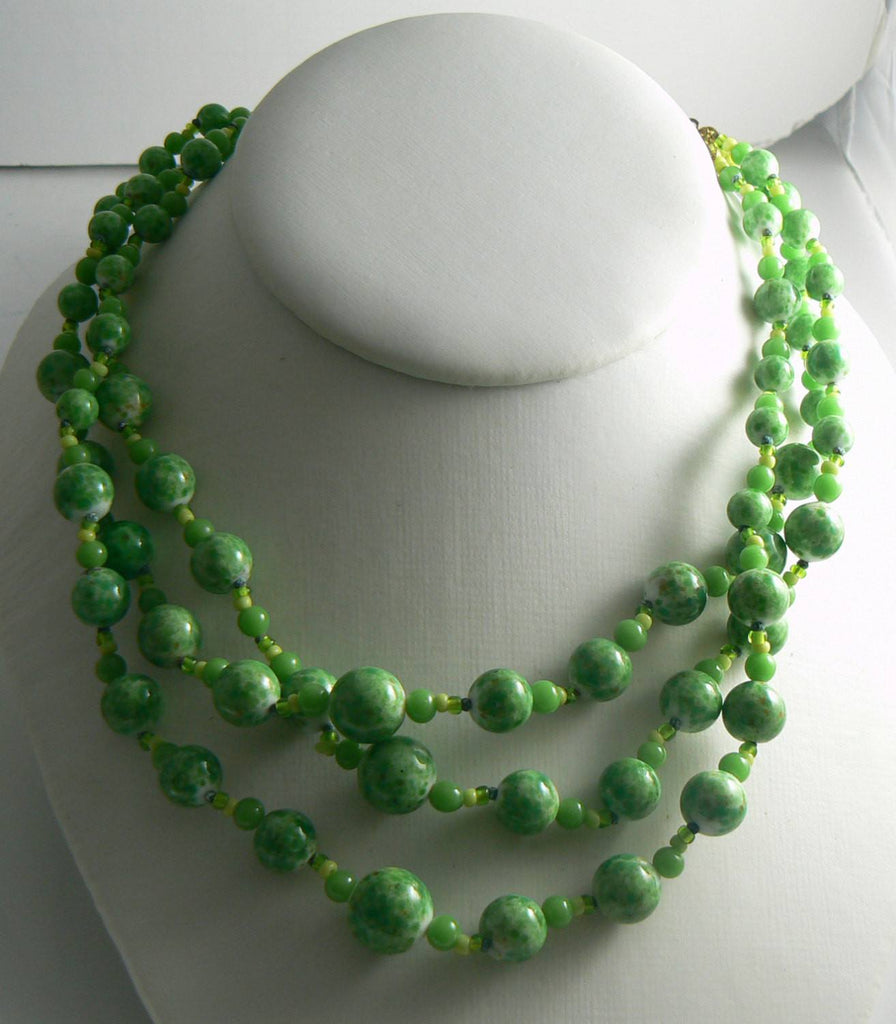 Miriam Haskell Green Mottled Glass Bead Necklace - Vintage Lane Jewelry