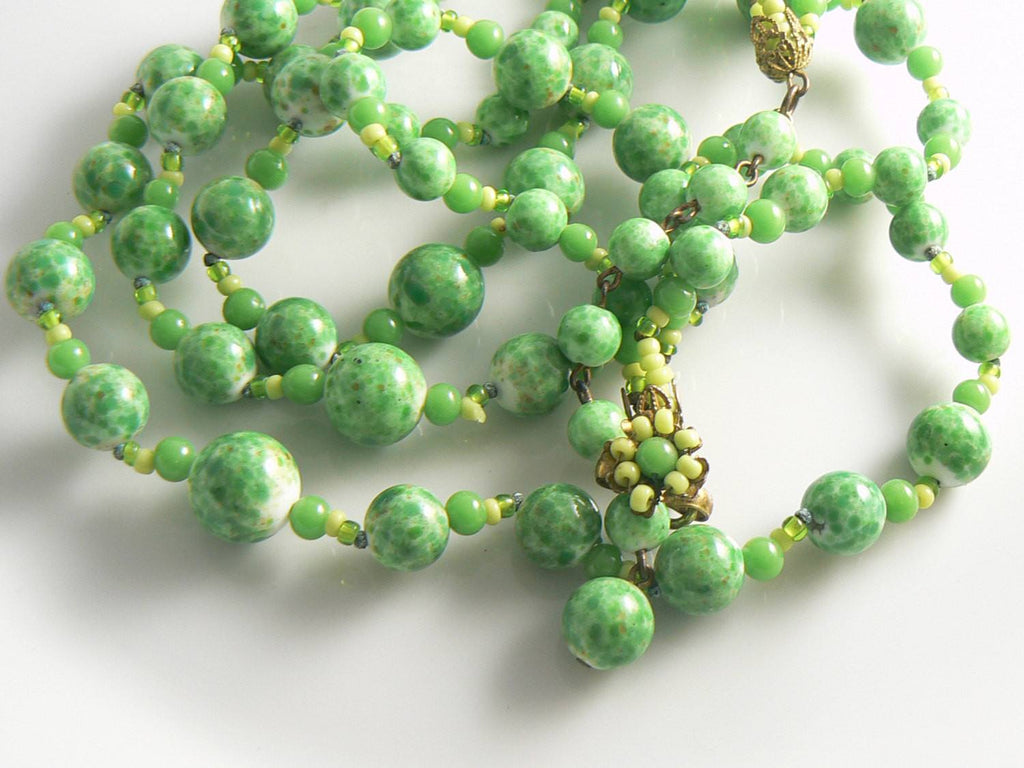 Miriam Haskell Green Mottled Glass Bead Necklace - Vintage Lane Jewelry
