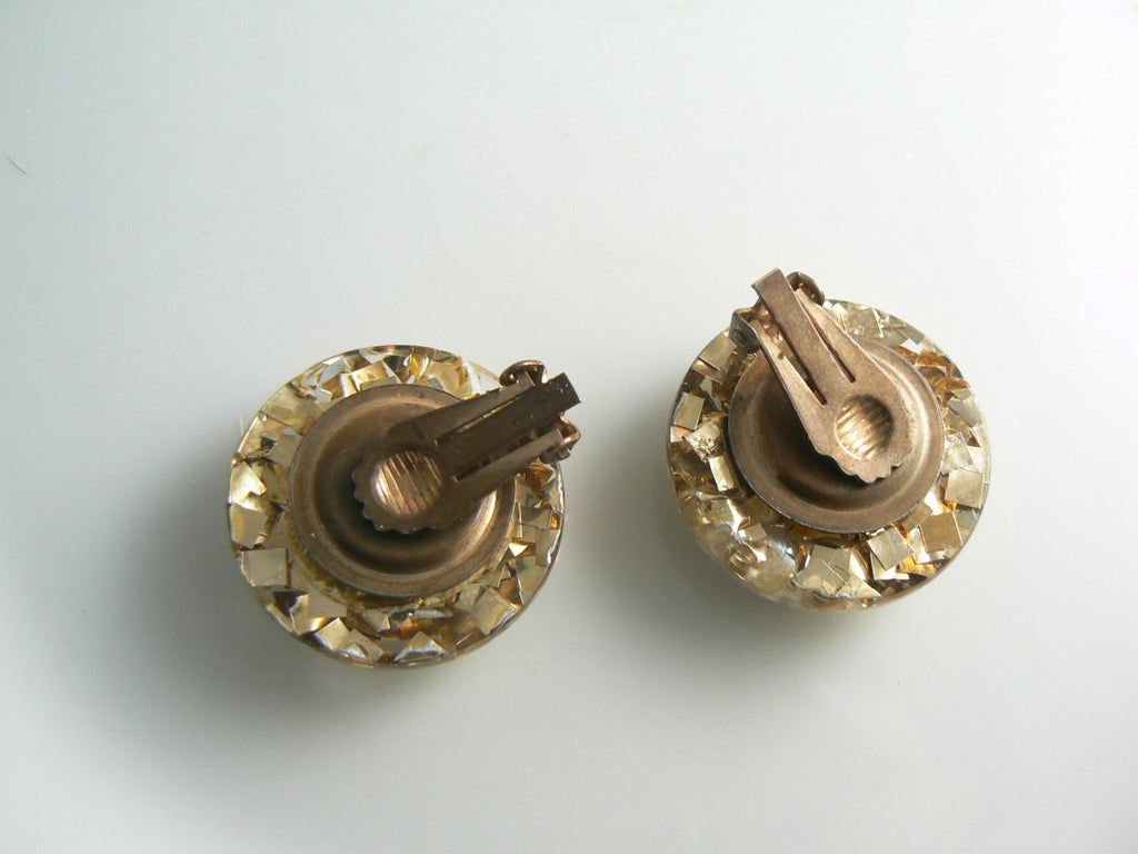 Vintage Shell Gold Confetti Lucite Clamper and Earrings - Vintage Lane Jewelry