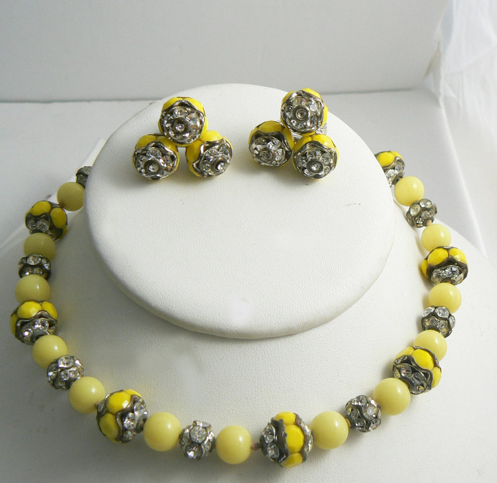 Vogue Yellow Glass Bead and Rhinestone Vintage Necklace Earring Set - Vintage Lane Jewelry