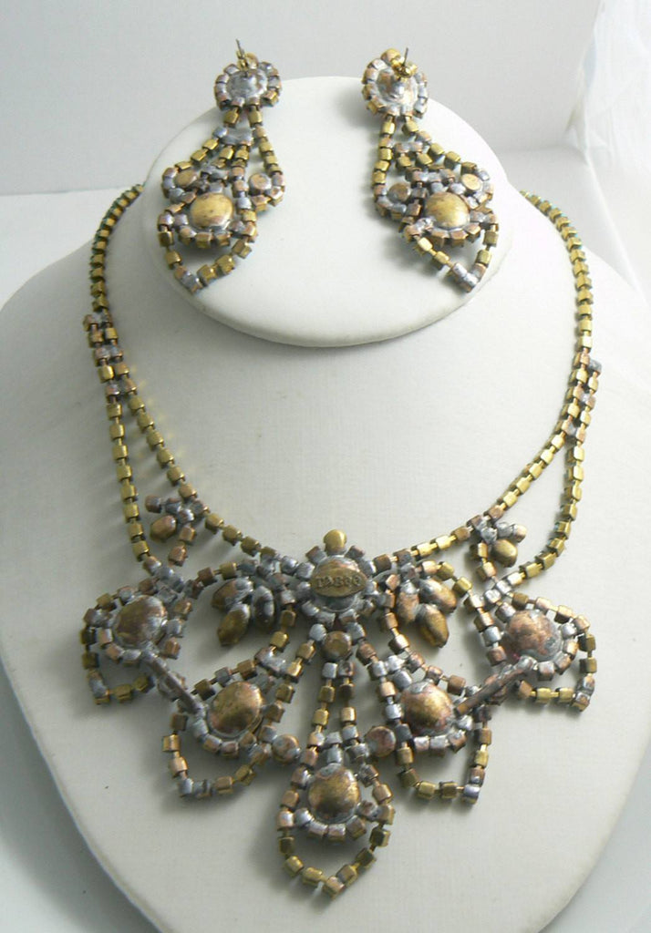 Beautiful Taboo Czech Glass Opaque Blue Pink Rhinestone Necklace Earring Set - Vintage Lane Jewelry