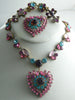 Czech Glass Heart Colorful Rhinestone Necklace Earrings and Brooch - Vintage Lane Jewelry