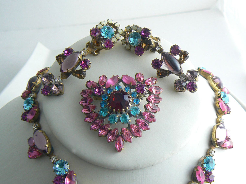 Czech Glass Heart Colorful Rhinestone Necklace Earrings and Brooch - Vintage Lane Jewelry