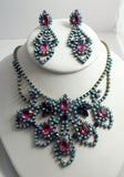 Beautiful Taboo Czech Glass Opaque Blue Pink Rhinestone Necklace Earring Set - Vintage Lane Jewelry