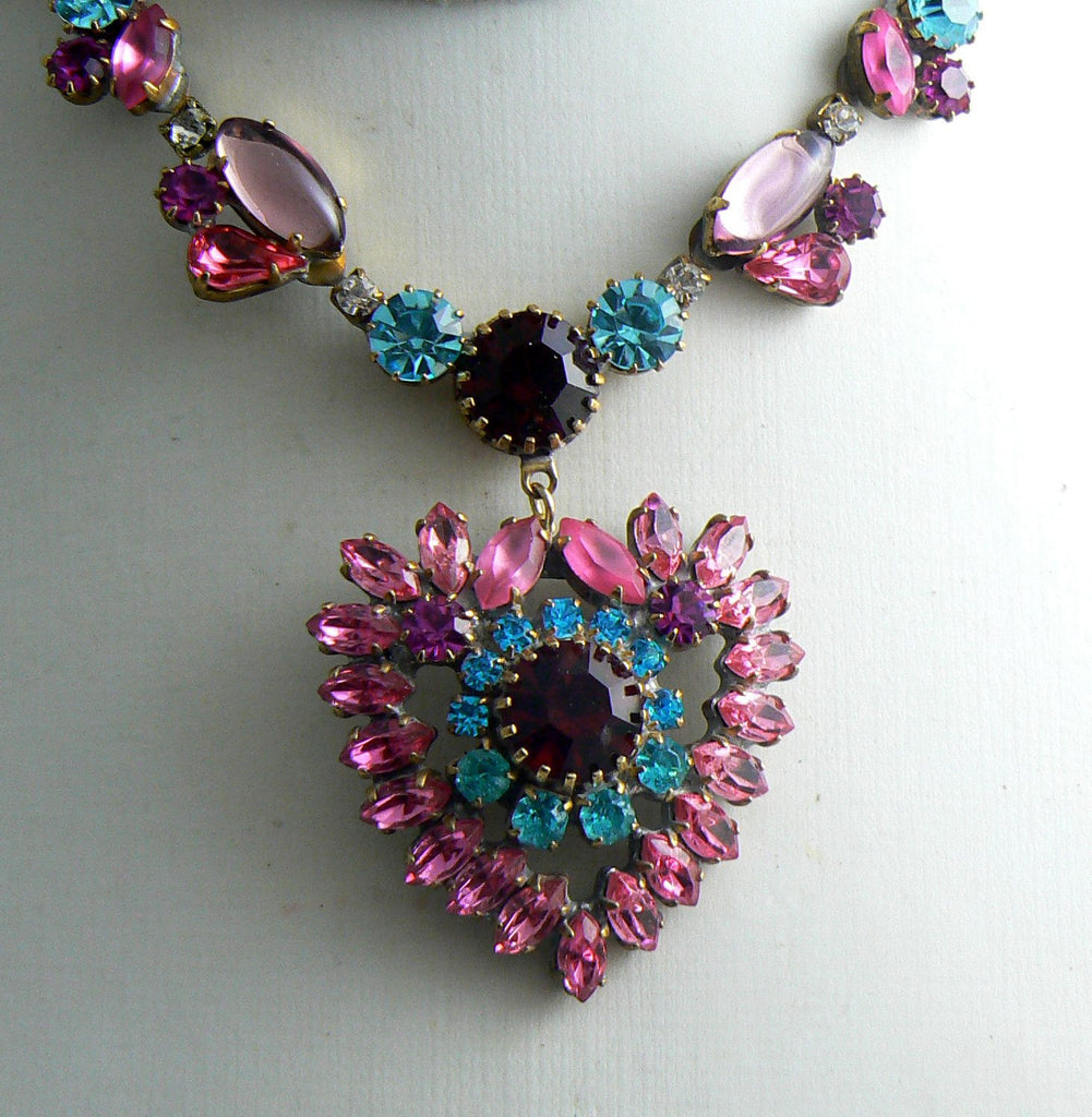 Czech Glass Heart Colorful Rhinestone Necklace Earrings and Brooch - Vintage Lane Jewelry