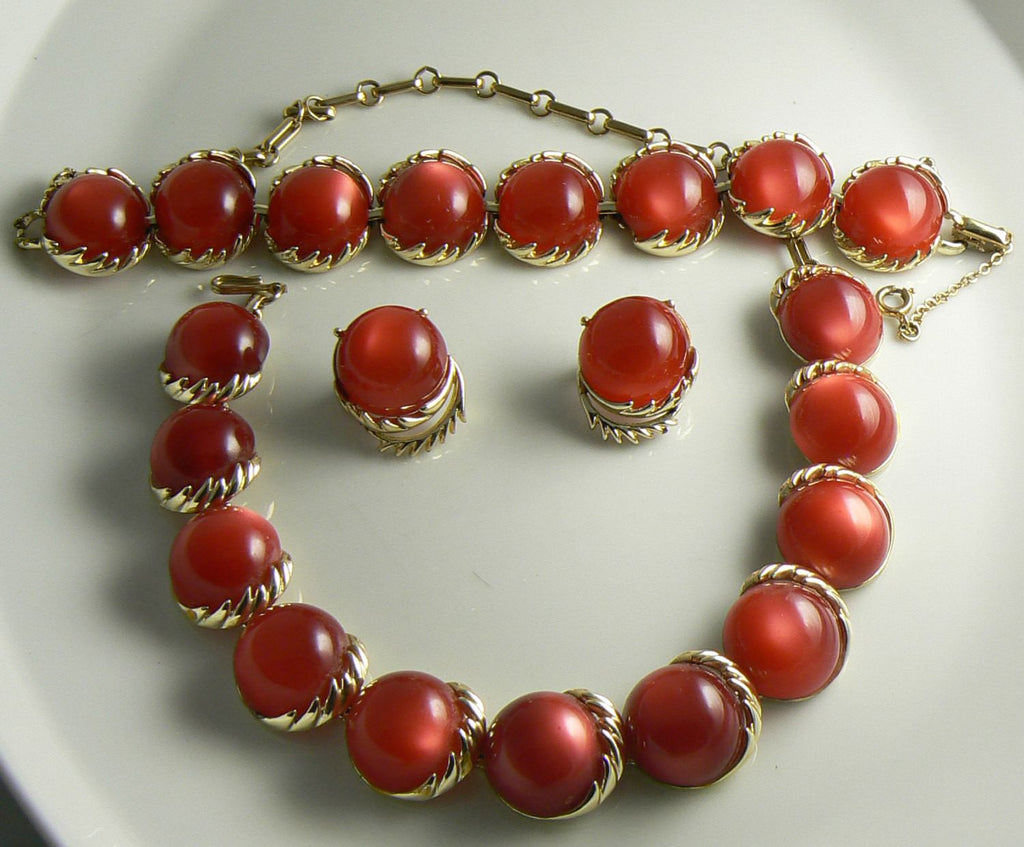Vintage Signed Coro Cherry Red Moon Glow Necklace Bracelet and Earrings - Vintage Lane Jewelry