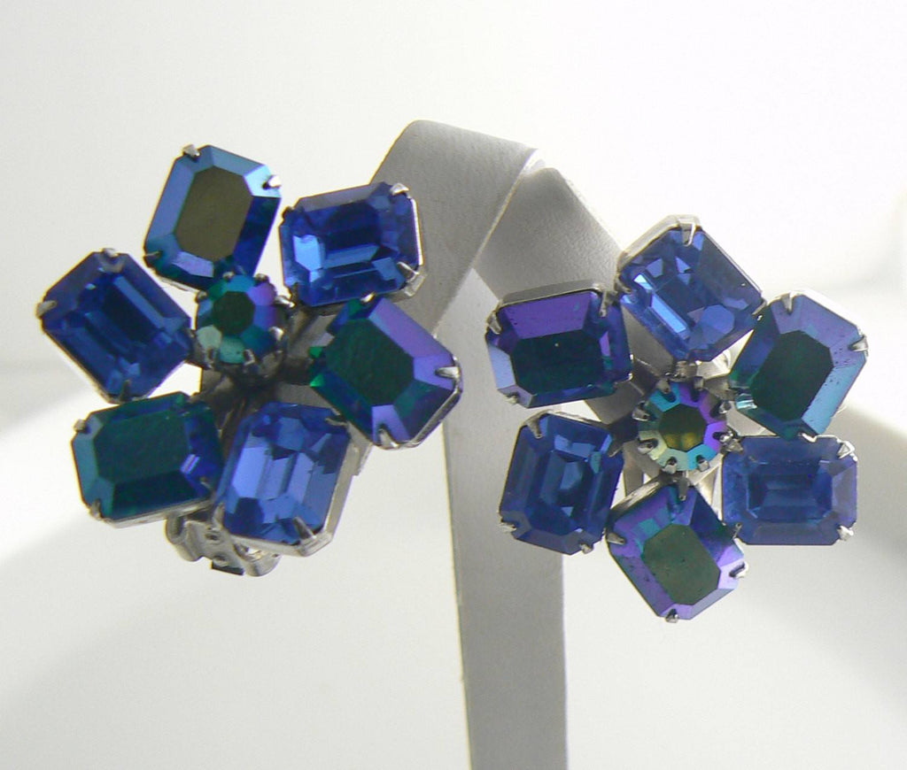 Kramer Blue Aurora Borealis Rhinestone Clip Earrings - Vintage Lane Jewelry
