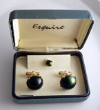 Vintage Esquire Iridescent Green Cabochon Cuff Links and Tie Tack in Original Box - Vintage Lane Jewelry