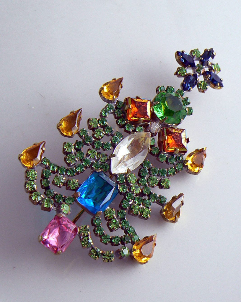 Czech Glass Christmas Tree, Bijoux M.G., Rhinestone X-mas Tree - Vintage Lane Jewelry