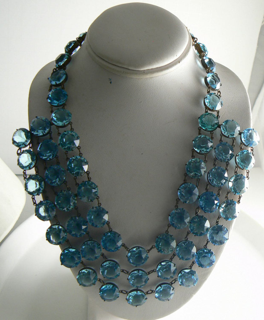 Vintage Art Deco 3 Strand Open Back Blue Glass Rhinestone Bib Necklace - Vintage Lane Jewelry