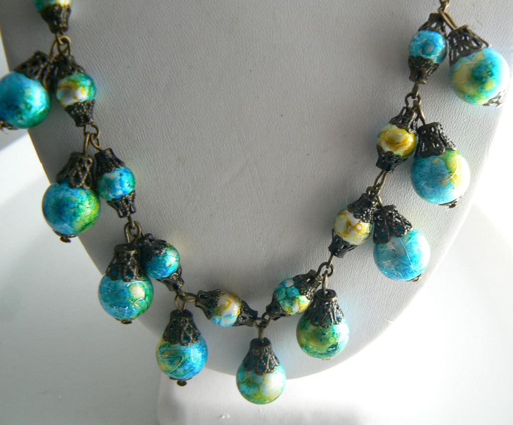 Vintage Blue Yellow Foil Glass Beads Necklace - Vintage Lane Jewelry