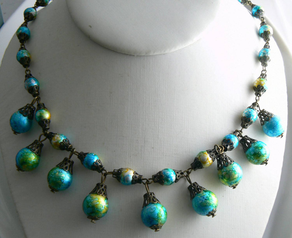 Vintage Blue Yellow Foil Glass Beads Necklace - Vintage Lane Jewelry