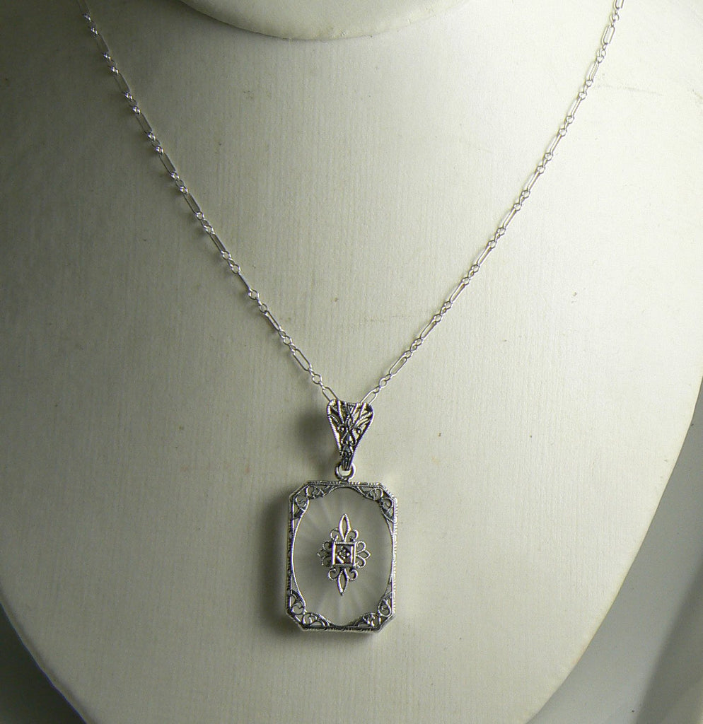 Art Deco Frosted Crystal Camphor Glass Filigree Diamond Pendant Sterling Silver - Vintage Lane Jewelry