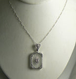 Art Deco Frosted Crystal Camphor Glass Filigree Diamond Pendant Sterling Silver - Vintage Lane Jewelry