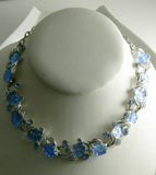 Blue Molded Glass Leaves and Rhinestone Necklace, Signed Art Necklace - Vintage Lane Jewelry