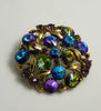 Vintage Signed Hollycraft Rhinestone Brooch Blues Greens Rivoli - Vintage Lane Jewelry