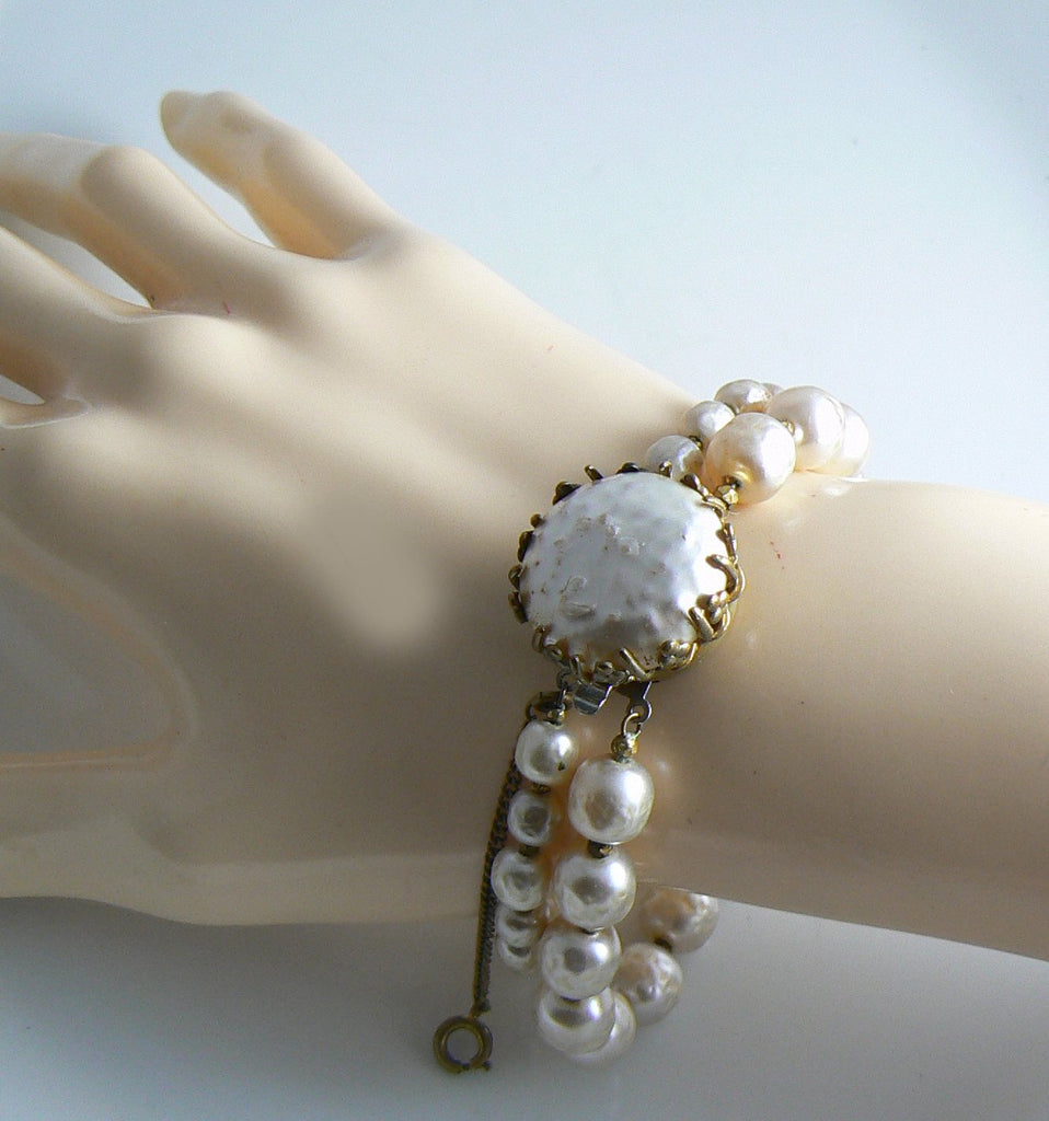 Classic Miriam Haskell Baroque Pearl Cabochon Bracelet and Earring Set - Vintage Lane Jewelry